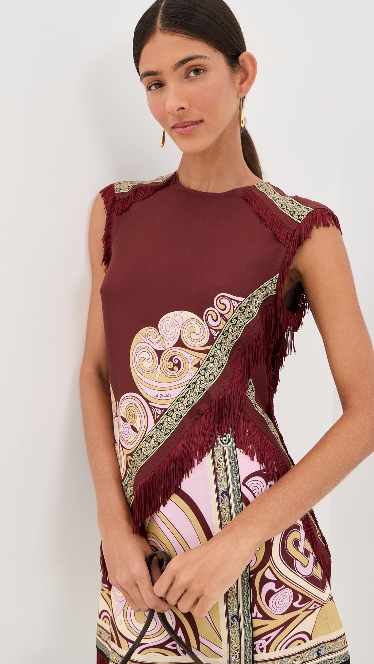 Paloma Scarf Print Fringe Top & Skirt Set - Burgundy