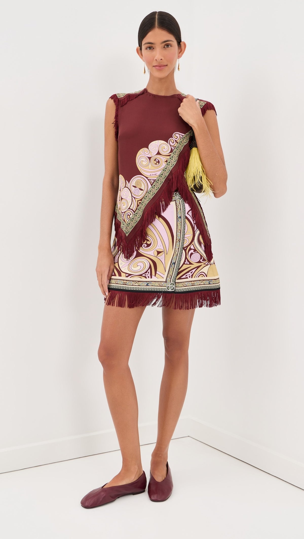 Paloma Scarf Print Fringe Top & Skirt Set - Burgundy
