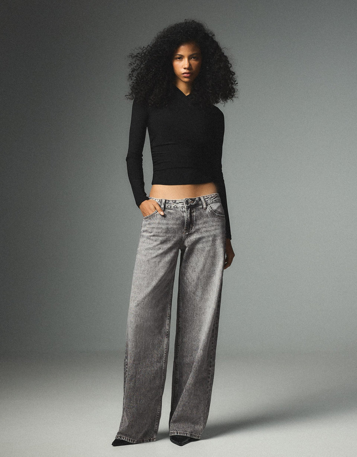 Sasha Grey Wash Low Rise Wide Leg Jeans - Grey