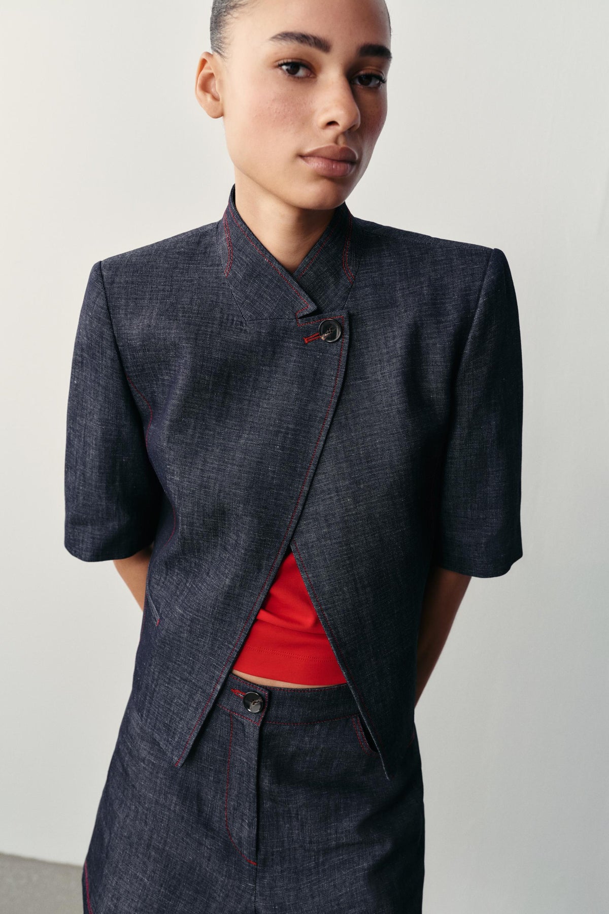 Selena Linen Blend Cropped Jacket - Indigo
