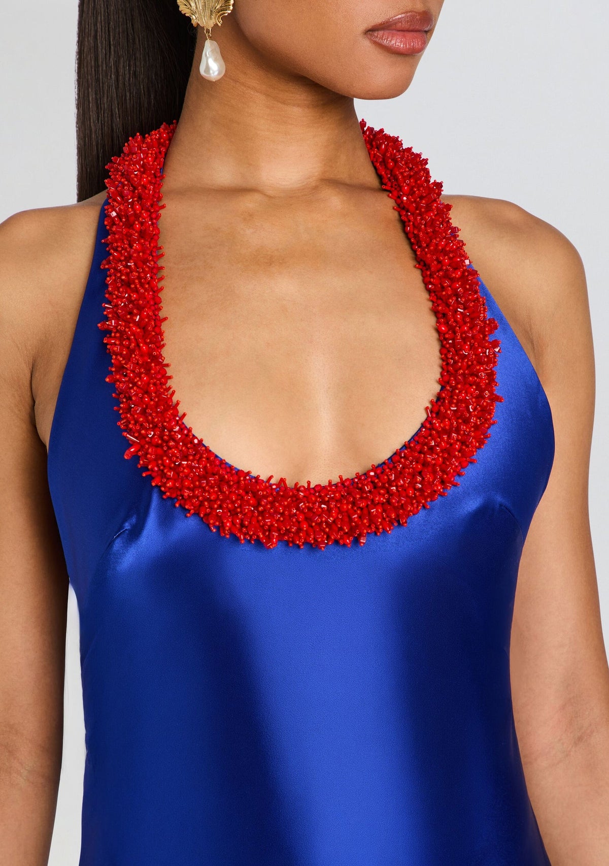 Thalia Beaded Satin Halter Maxi Dress - Cobalt Blue