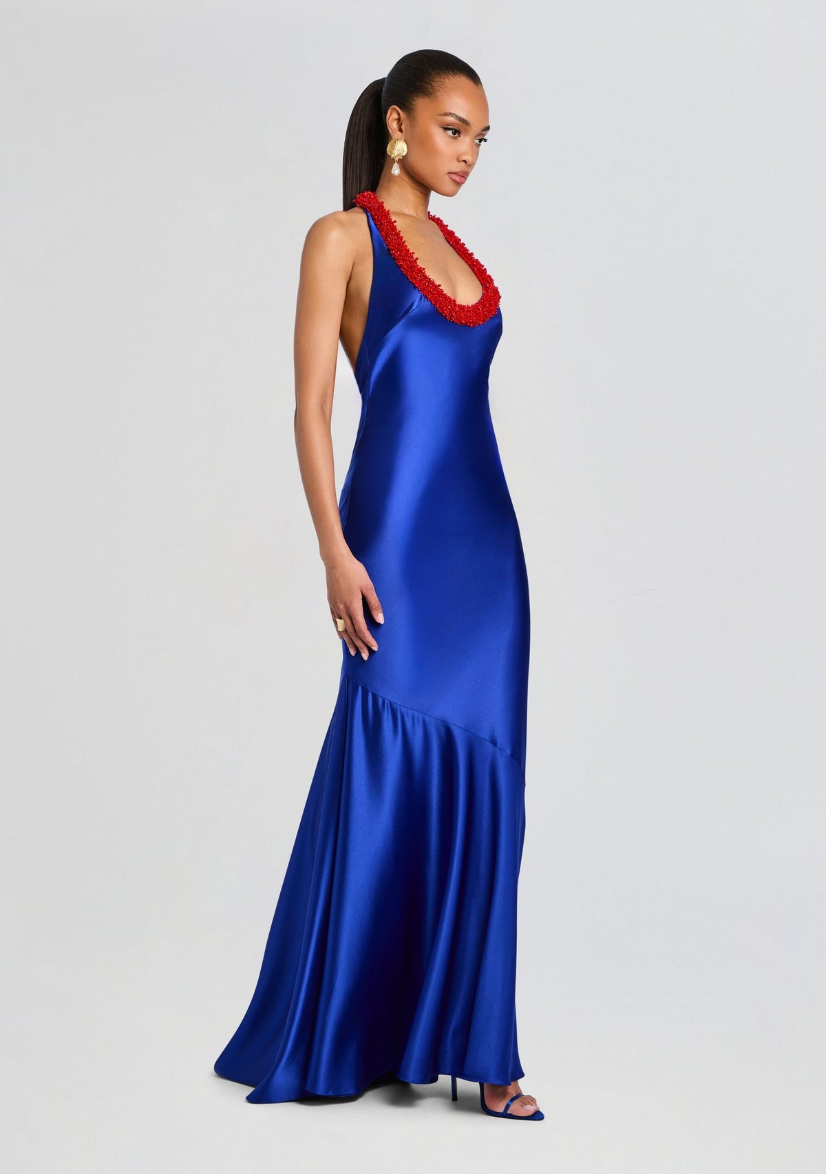 Thalia Beaded Satin Halter Maxi Dress - Cobalt Blue