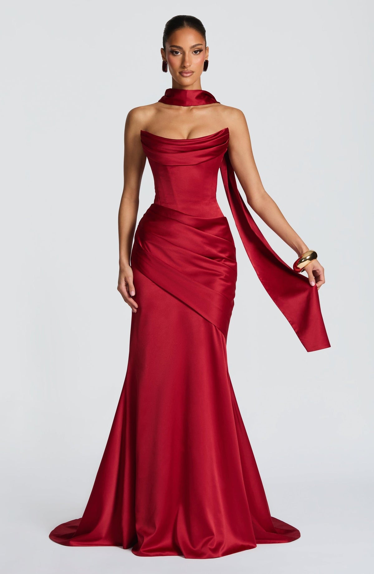 Valentina Satin Corset Maxi Dress - Deep Red - 1