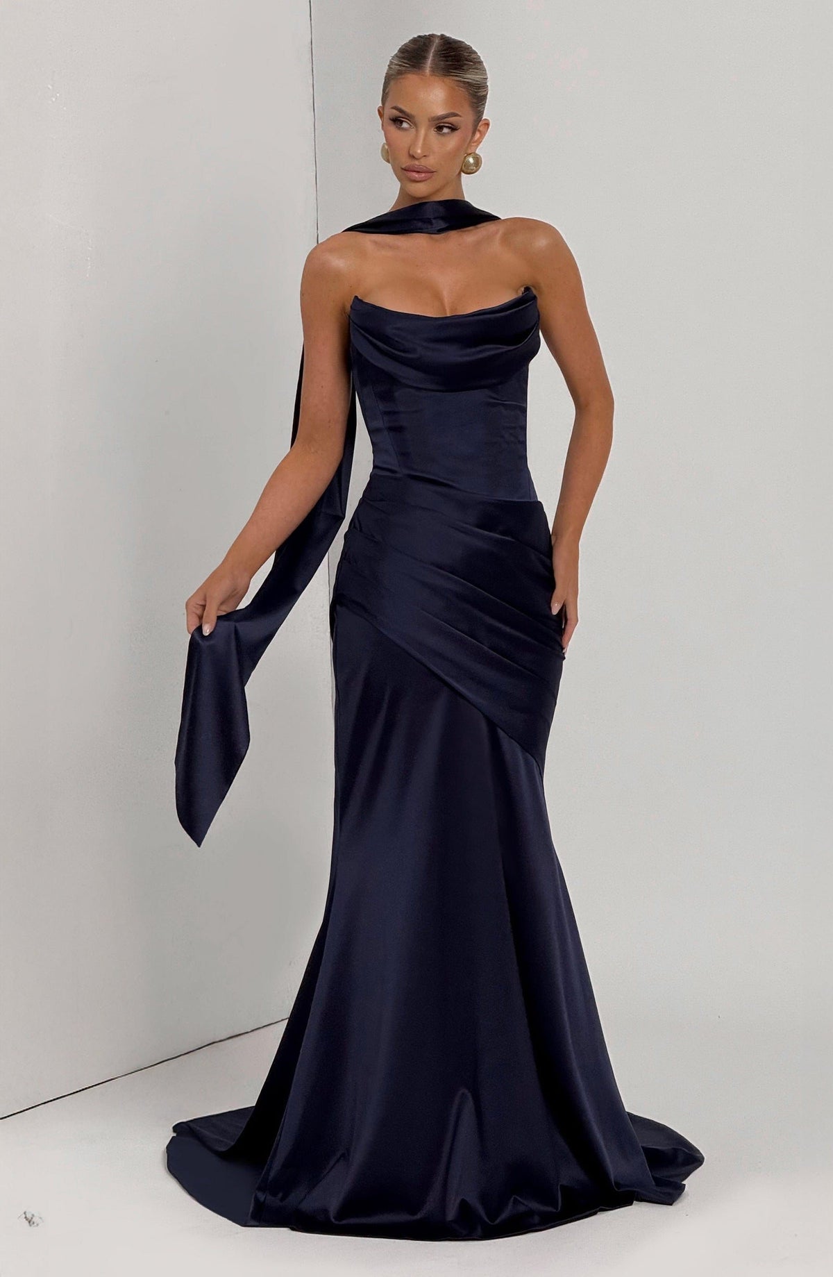 Valentina Satin Corset Maxi Dress - Navy - 5