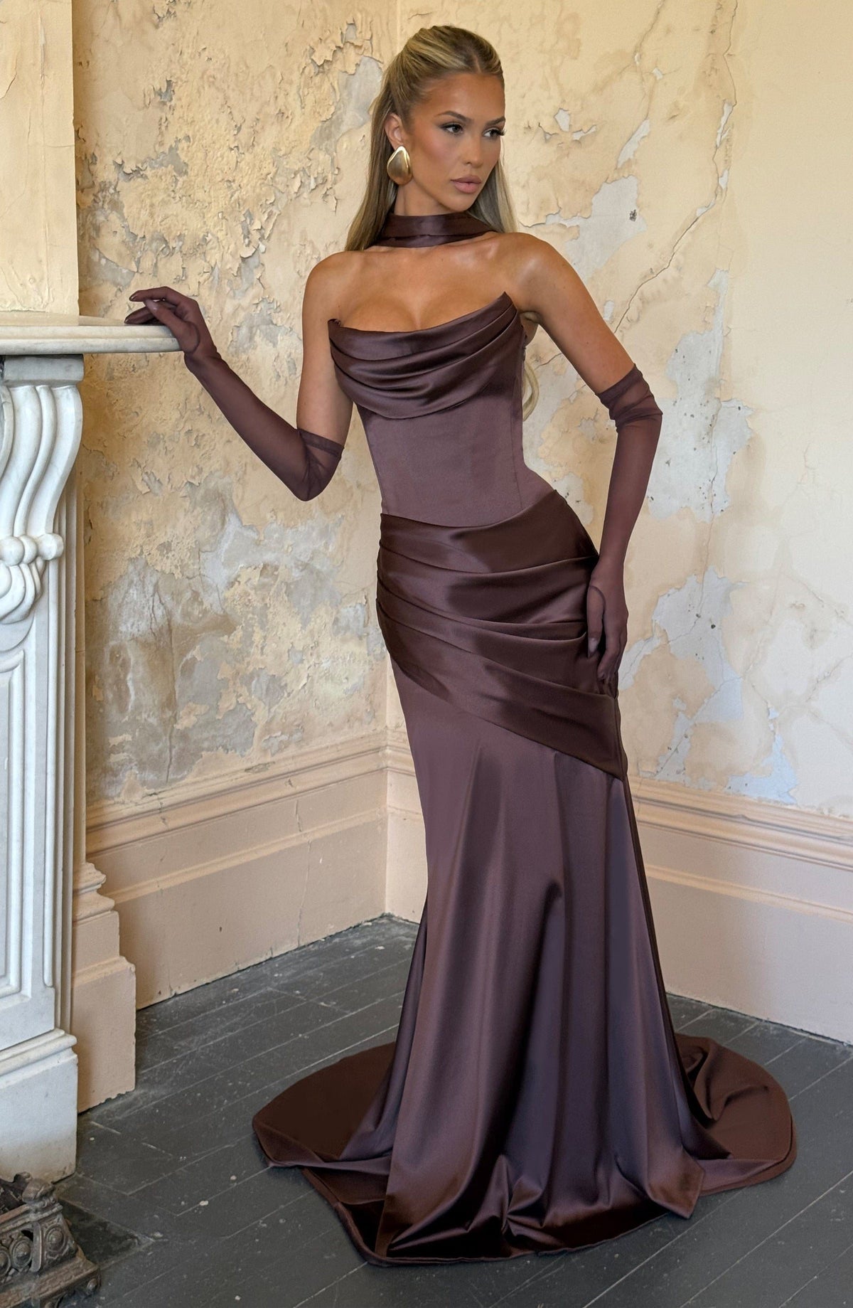 Valentina Satin Corset Maxi Dress - Plum Brown - 1