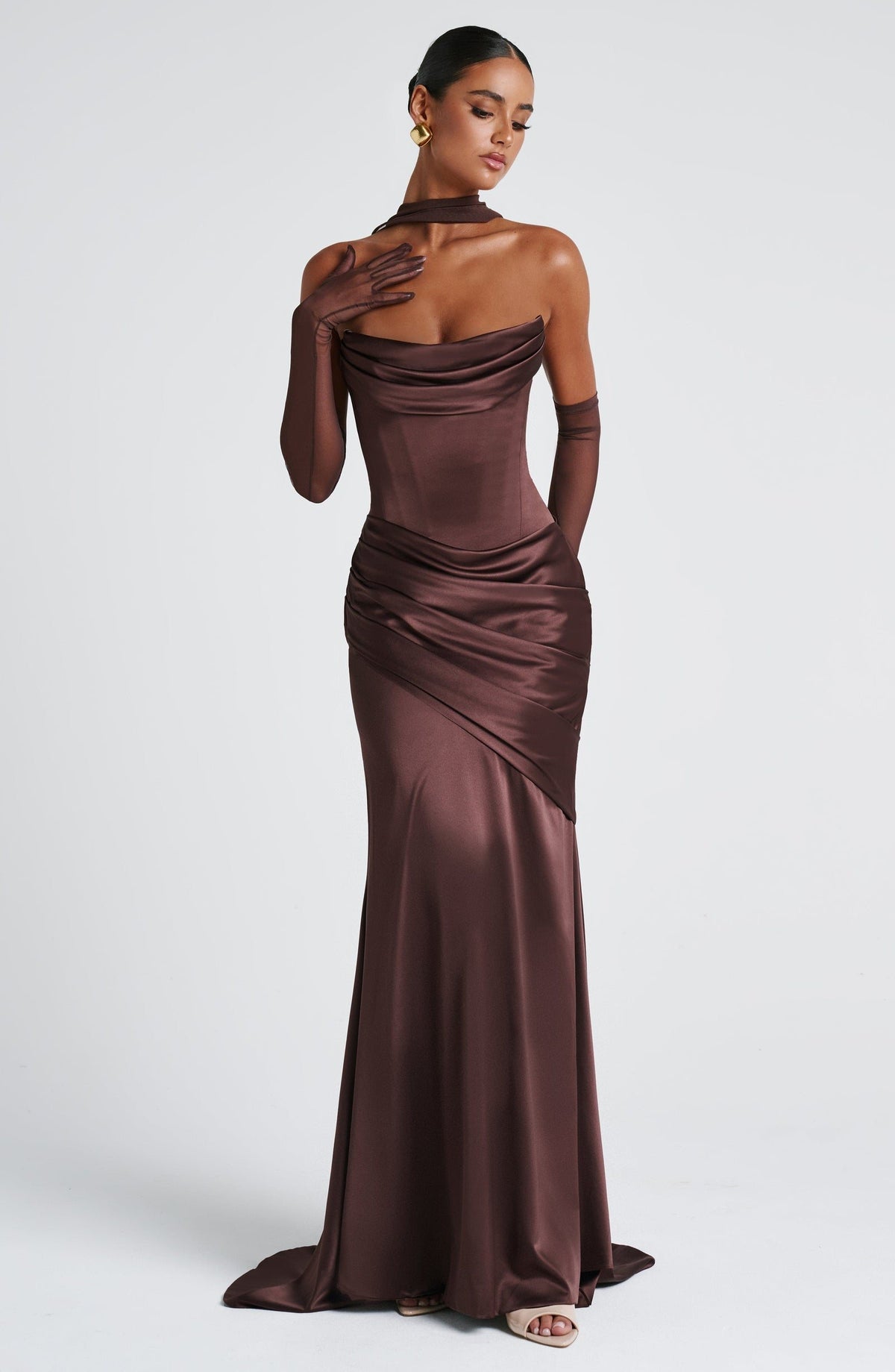 Valentina Satin Corset Maxi Dress - Plum Brown - 3