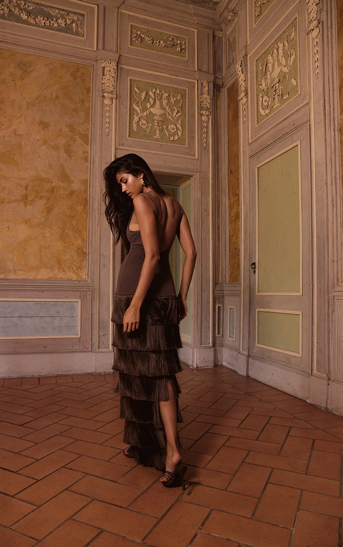 Zaria Mesh Fringe Maxi Dress - Dark Chocolate